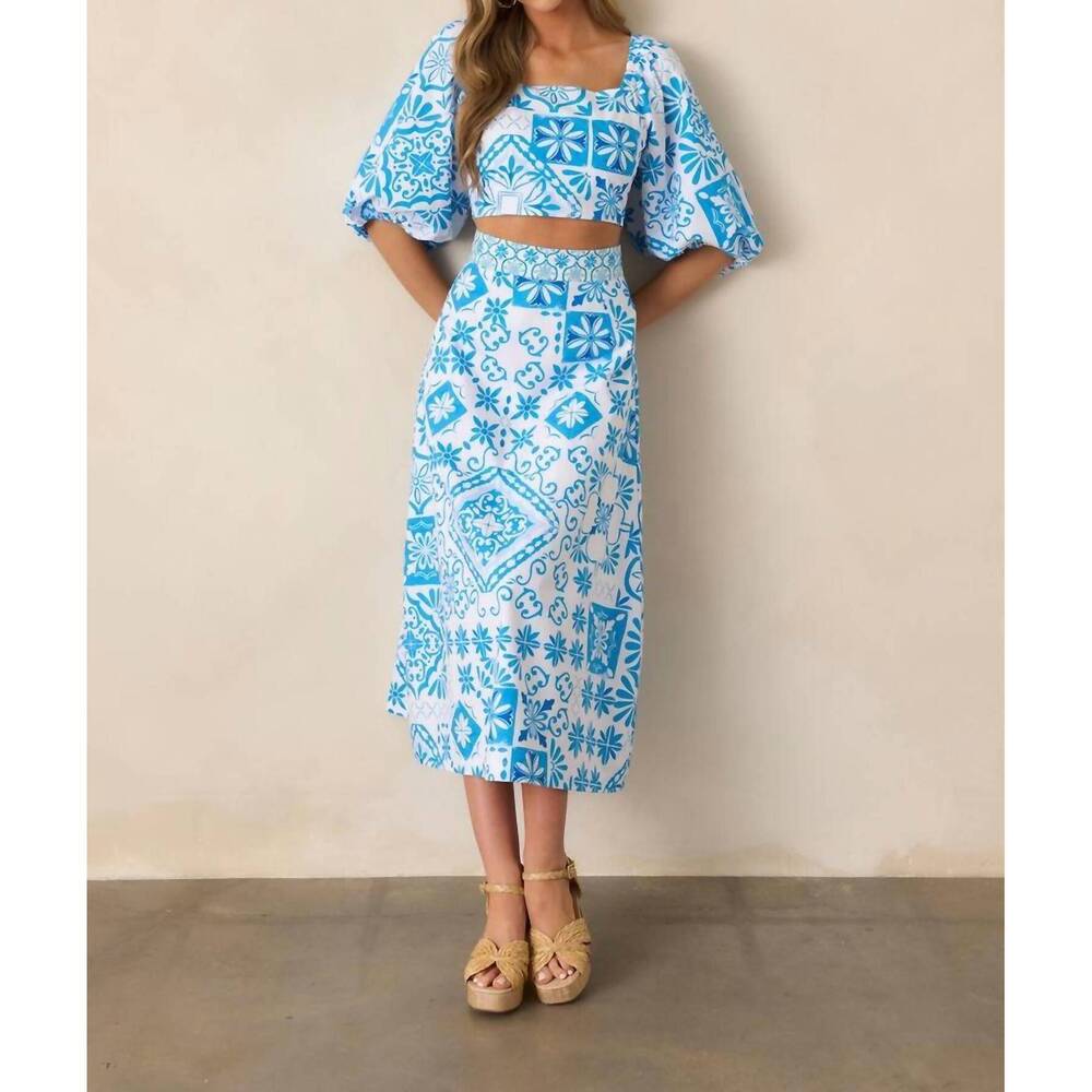 NEW PROSPERINA presley hemmingway skirt set in blue